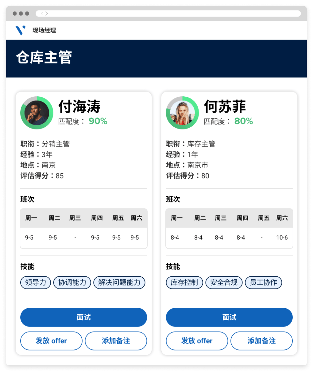 屏幕截图比较了不同的候选人，匹配得分显示了基于技能和可用时间段的匹配度