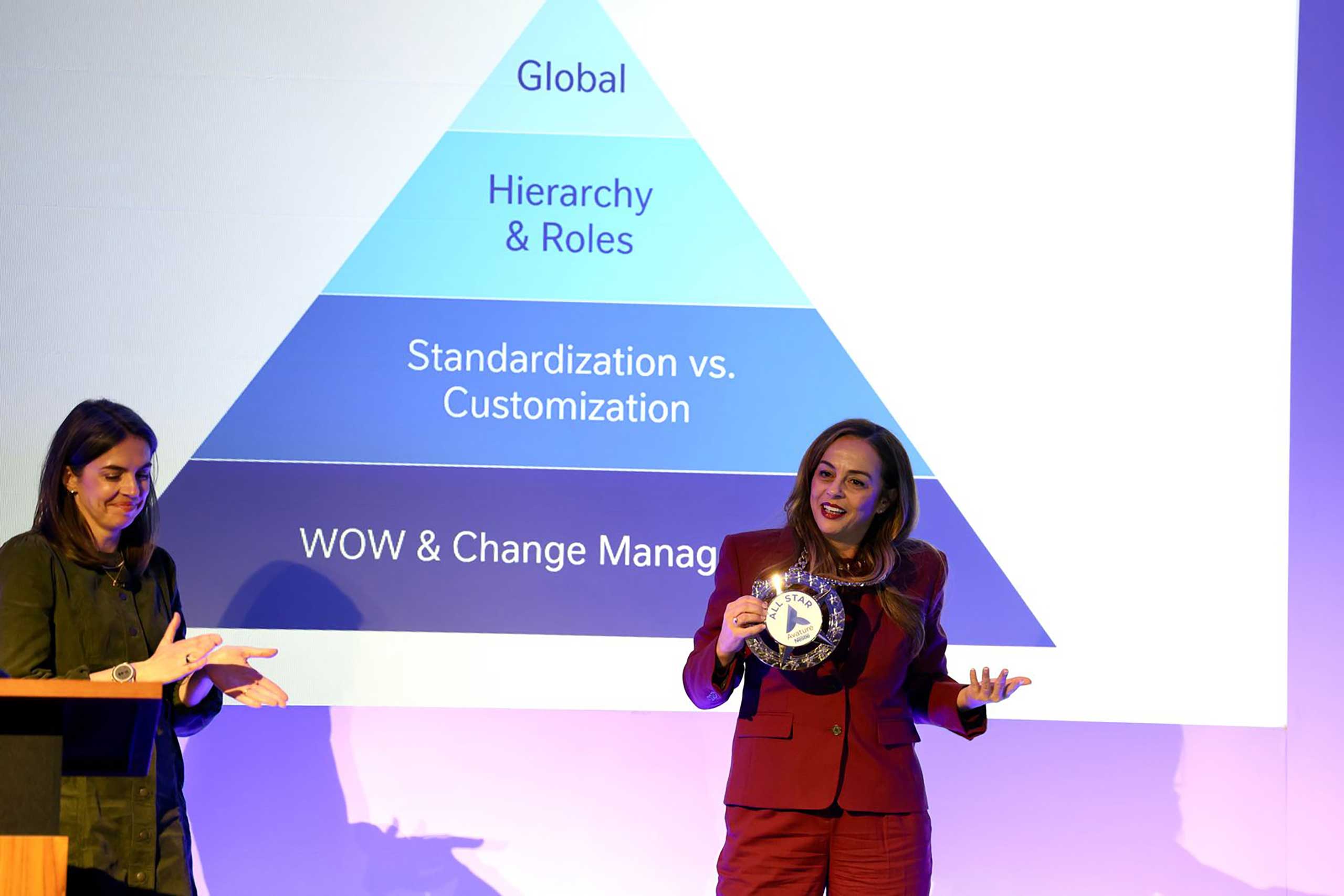 Dejana Marich, Talent Acquisition, Recruitment Marketing and Technology Leader at Nestlé, and Justine Cantwell, Consultant Digital Brand Management at Nestlé Purina, present together on stage at Avature Upfront US 2025